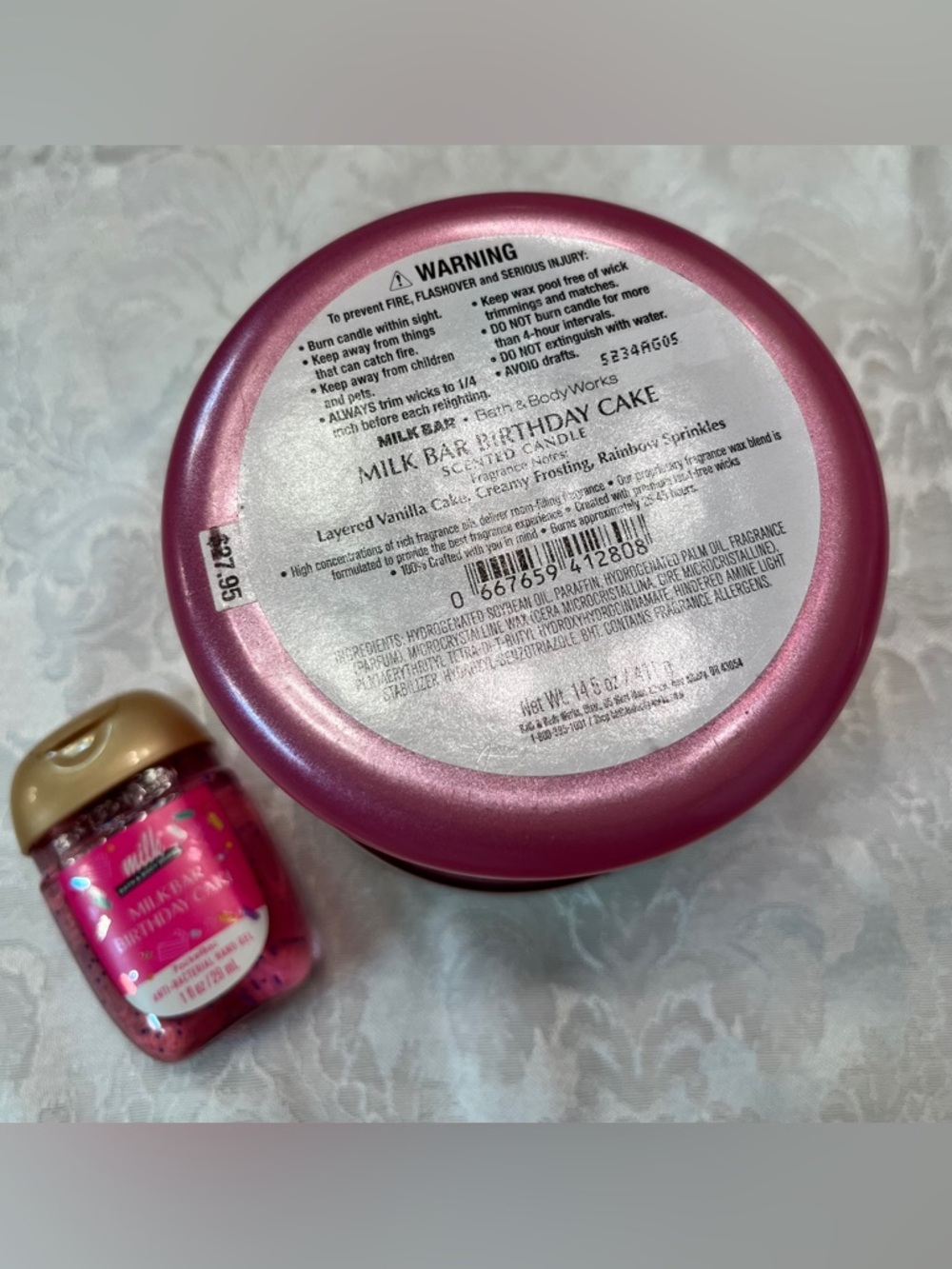 Bath & Body Works Milk Bar Birthday Cake Candle 3-Wick & Hand Sanitizer Gel NWT - Picture 6 of 8